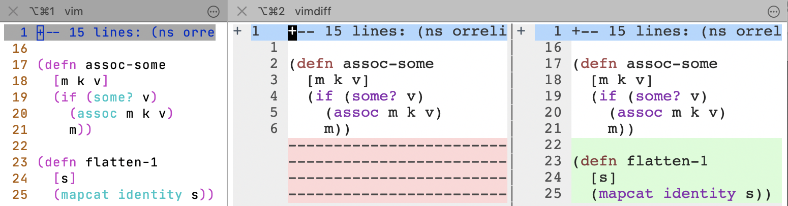 A screenshot that contrasts how a code sample looks during normal development with how it looks during self-review